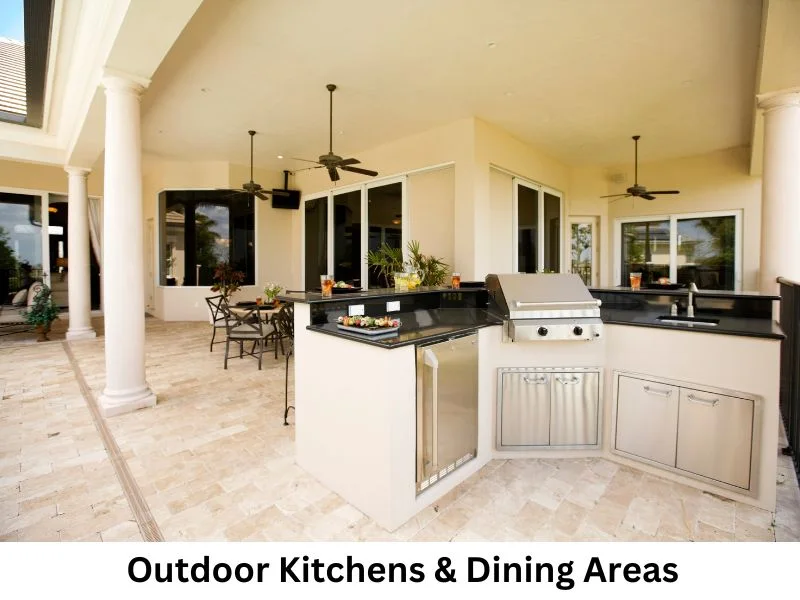 Contemporary completed outdoor kitchen beside a paved patio