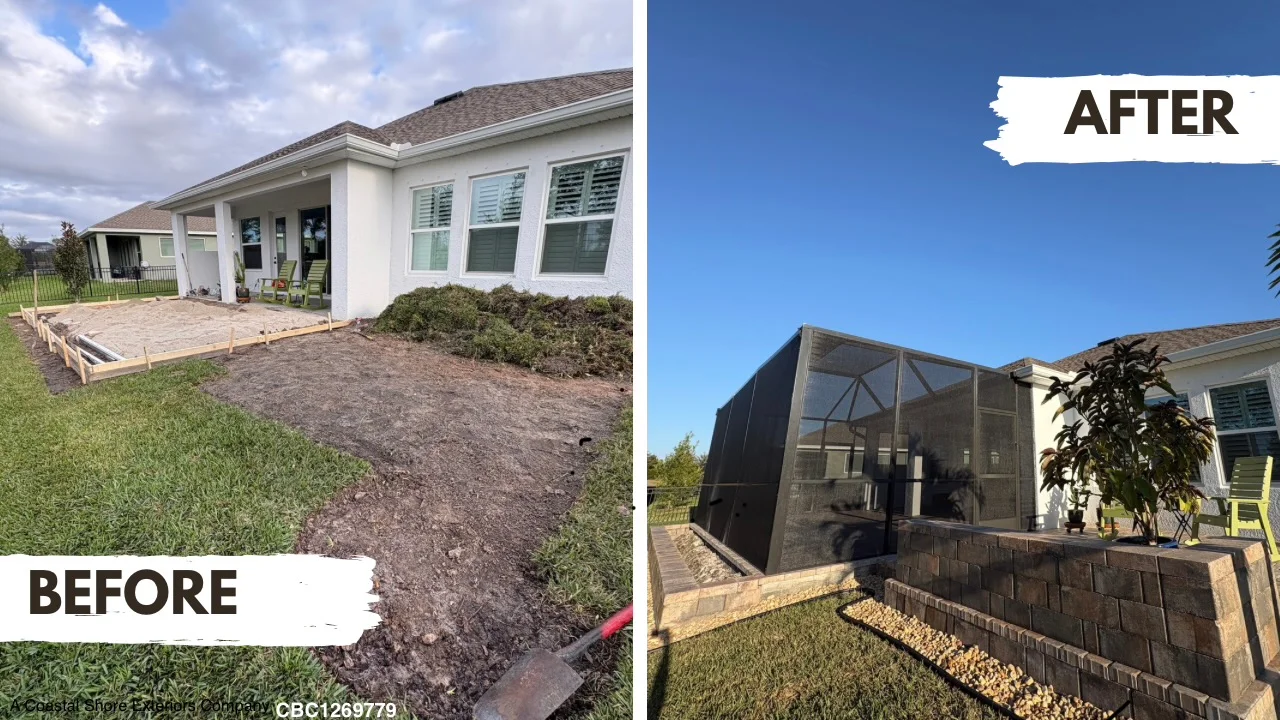 Paver patio and screen enclosure viewed as a combined outdoor project